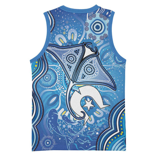 Torres Strait Islander Dhari Stingray Basketball Jersey Aboriginal Dot Art Blue Pastel Style