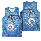 Torres Strait Islander Dhari Stingray Basketball Jersey Aboriginal Dot Art Blue Pastel Style
