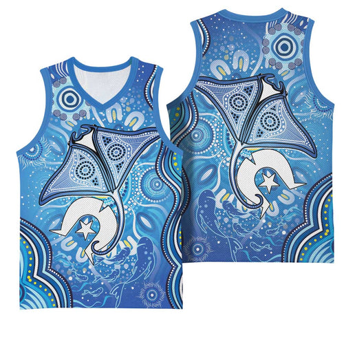Torres Strait Islander Dhari Stingray Basketball Jersey Aboriginal Dot Art Blue Pastel Style