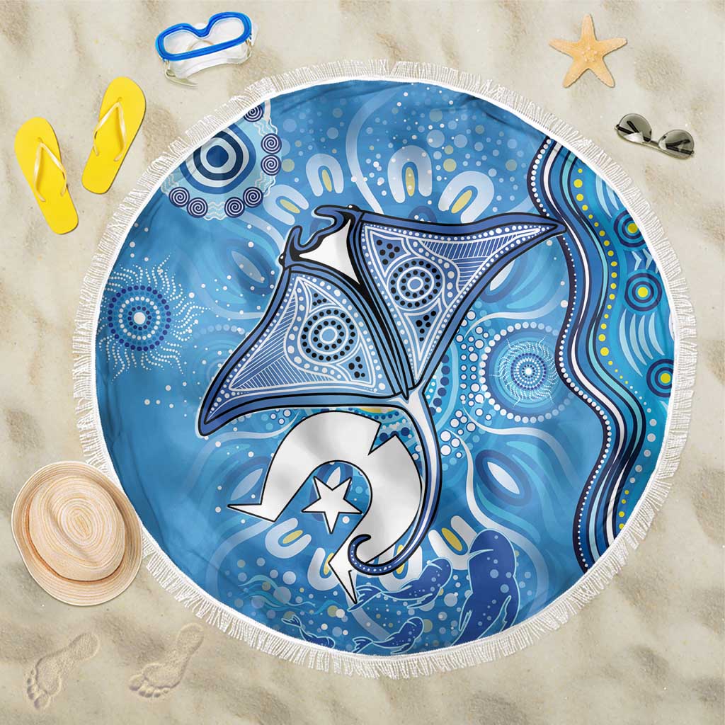 Torres Strait Islander Dhari Stingray Beach Blanket Aboriginal Dot Art Blue Pastel Style