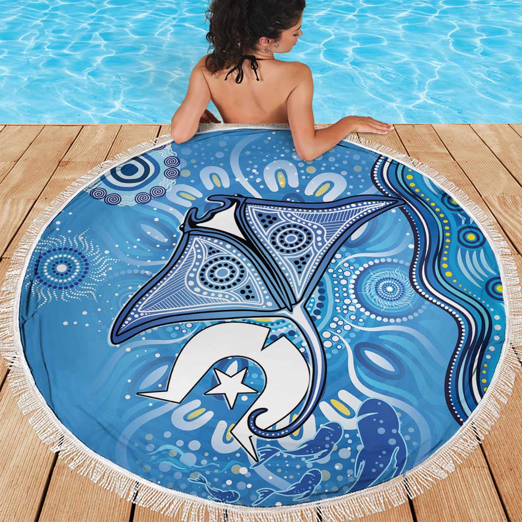 Torres Strait Islander Dhari Stingray Beach Blanket Aboriginal Dot Art Blue Pastel Style