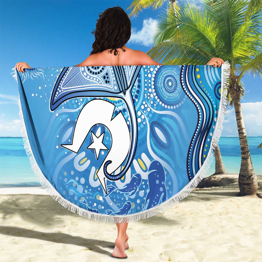 Torres Strait Islander Dhari Stingray Beach Blanket Aboriginal Dot Art Blue Pastel Style