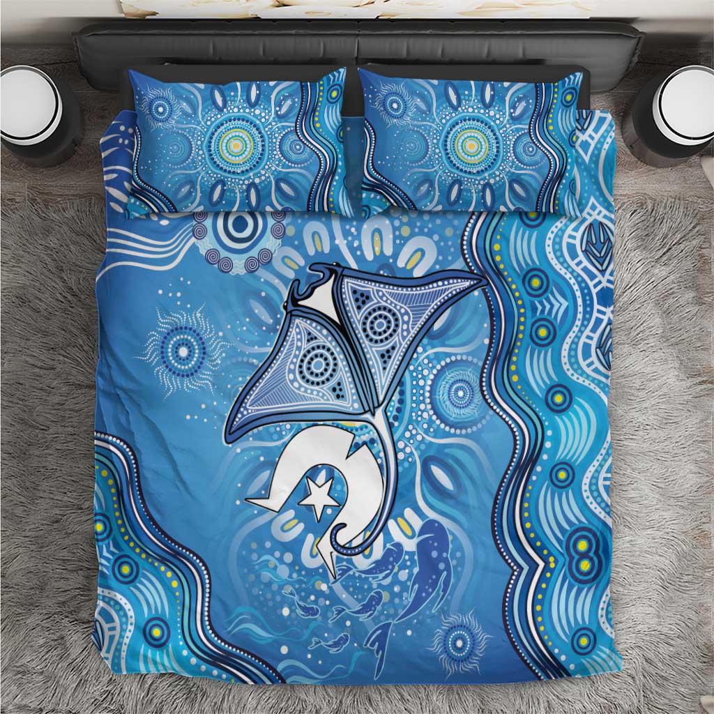 Torres Strait Islander Dhari Stingray Bedding Set Aboriginal Dot Art Blue Pastel Style