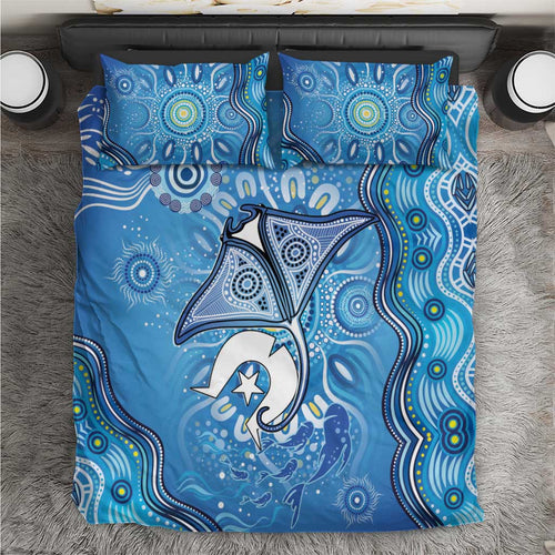 Torres Strait Islander Dhari Stingray Bedding Set Aboriginal Dot Art Blue Pastel Style