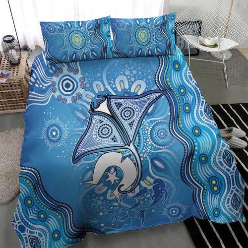 Torres Strait Islander Dhari Stingray Bedding Set Aboriginal Dot Art Blue Pastel Style