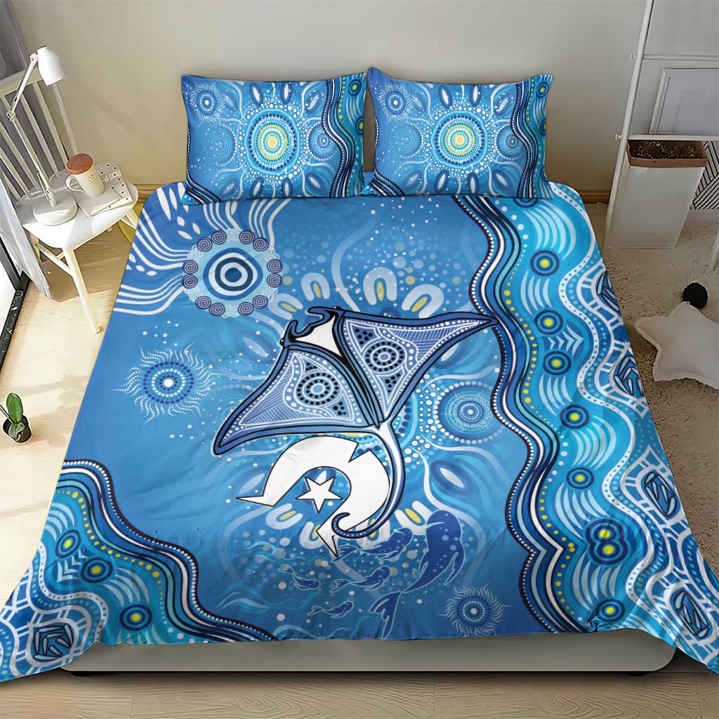 Torres Strait Islander Dhari Stingray Bedding Set Aboriginal Dot Art Blue Pastel Style