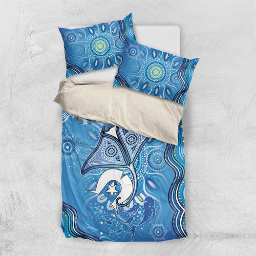 Torres Strait Islander Dhari Stingray Bedding Set Aboriginal Dot Art Blue Pastel Style