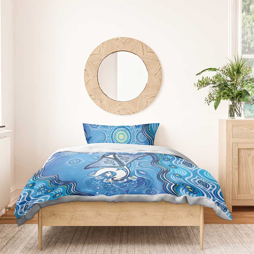 Torres Strait Islander Dhari Stingray Bedding Set Aboriginal Dot Art Blue Pastel Style