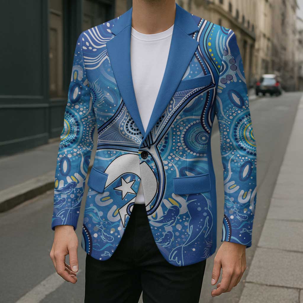 Torres Strait Islander Dhari Stingray Blazer Aboriginal Dot Art Blue Pastel Style