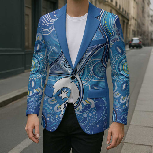 Torres Strait Islander Dhari Stingray Blazer Aboriginal Dot Art Blue Pastel Style