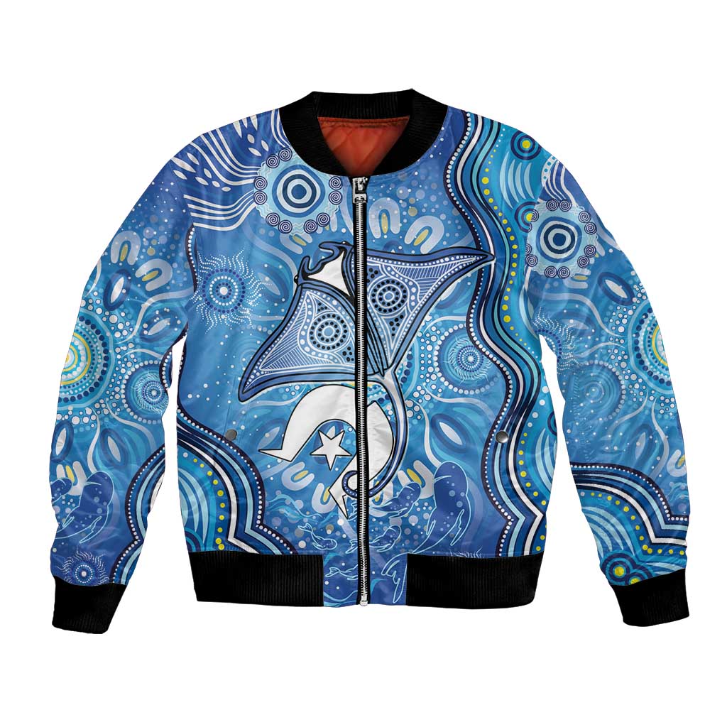 Torres Strait Islander Dhari Stingray Bomber Jacket Aboriginal Dot Art Blue Pastel Style