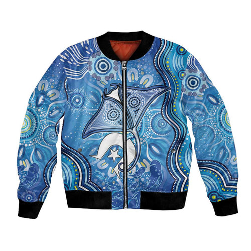 Torres Strait Islander Dhari Stingray Bomber Jacket Aboriginal Dot Art Blue Pastel Style