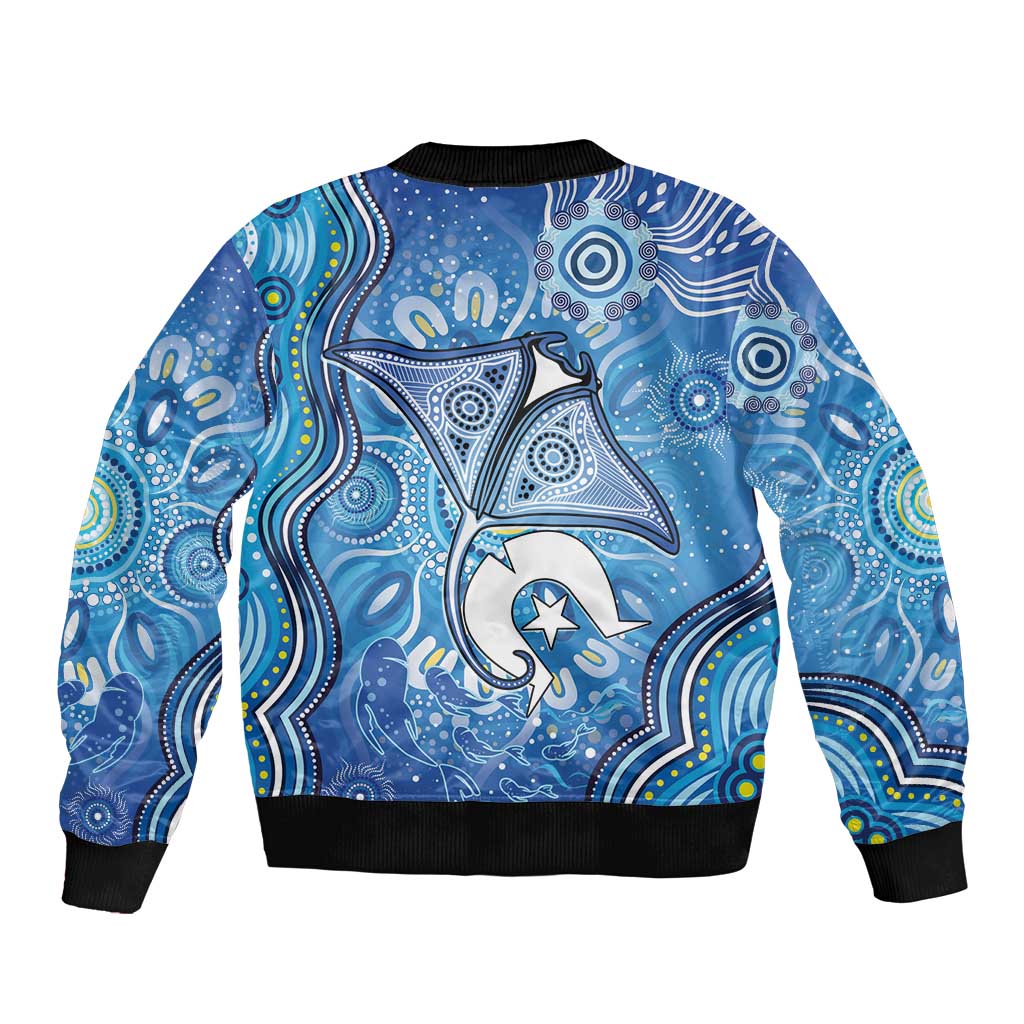 Torres Strait Islander Dhari Stingray Bomber Jacket Aboriginal Dot Art Blue Pastel Style