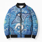 Torres Strait Islander Dhari Stingray Bomber Puffer Jacket Aboriginal Dot Art Blue Pastel Style