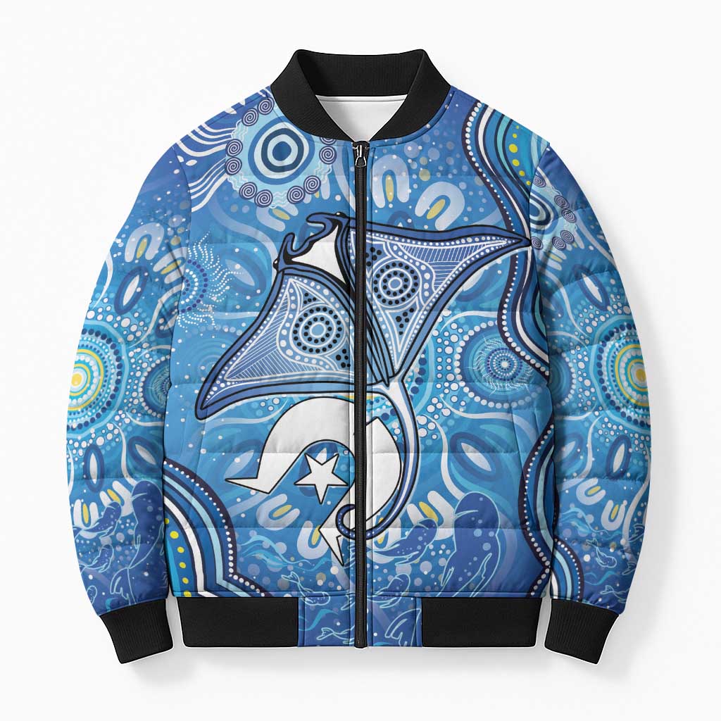 Torres Strait Islander Dhari Stingray Bomber Puffer Jacket Aboriginal Dot Art Blue Pastel Style