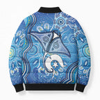 Torres Strait Islander Dhari Stingray Bomber Puffer Jacket Aboriginal Dot Art Blue Pastel Style