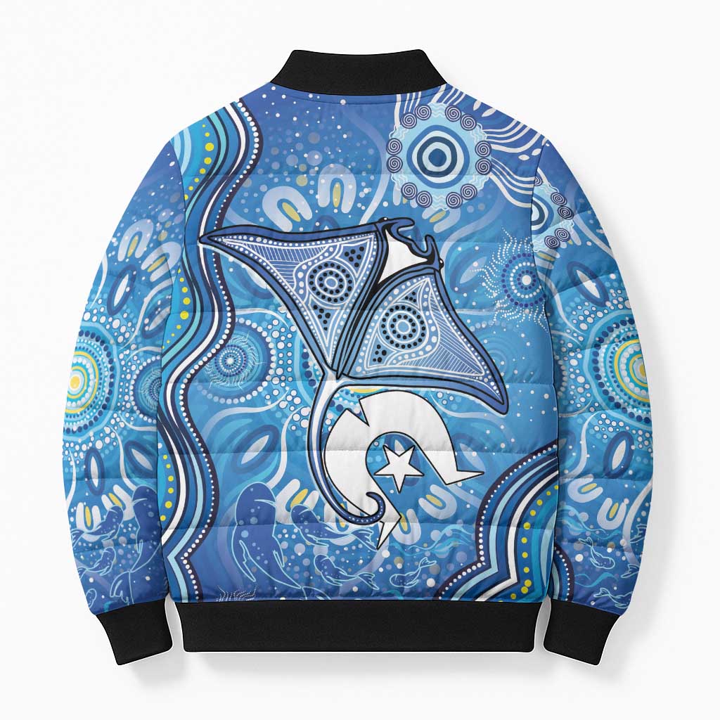 Torres Strait Islander Dhari Stingray Bomber Puffer Jacket Aboriginal Dot Art Blue Pastel Style
