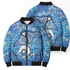 Torres Strait Islander Dhari Stingray Bomber Puffer Jacket Aboriginal Dot Art Blue Pastel Style