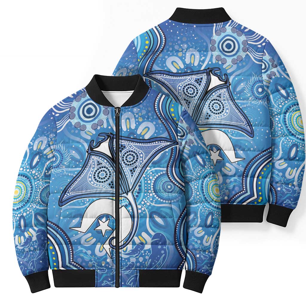 Torres Strait Islander Dhari Stingray Bomber Puffer Jacket Aboriginal Dot Art Blue Pastel Style