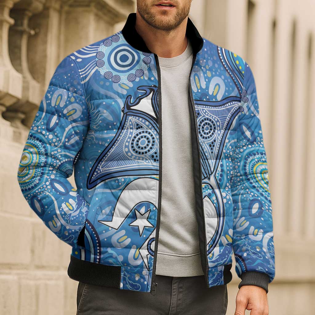 Torres Strait Islander Dhari Stingray Bomber Puffer Jacket Aboriginal Dot Art Blue Pastel Style