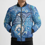 Torres Strait Islander Dhari Stingray Bomber Puffer Jacket Aboriginal Dot Art Blue Pastel Style