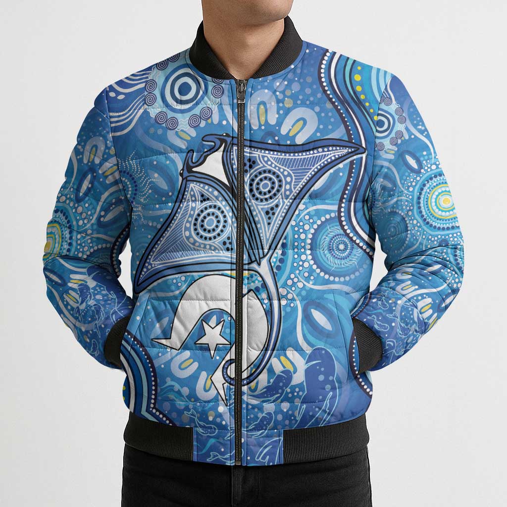 Torres Strait Islander Dhari Stingray Bomber Puffer Jacket Aboriginal Dot Art Blue Pastel Style