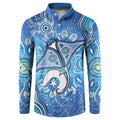 Torres Strait Islander Dhari Stingray Button Sweatshirt Aboriginal Dot Art Blue Pastel Style