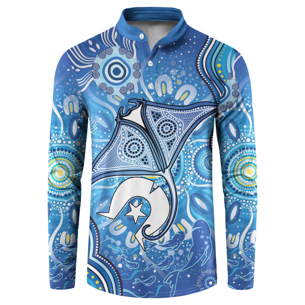 Torres Strait Islander Dhari Stingray Button Sweatshirt Aboriginal Dot Art Blue Pastel Style