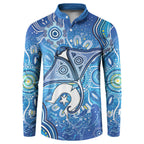 Torres Strait Islander Dhari Stingray Button Sweatshirt Aboriginal Dot Art Blue Pastel Style