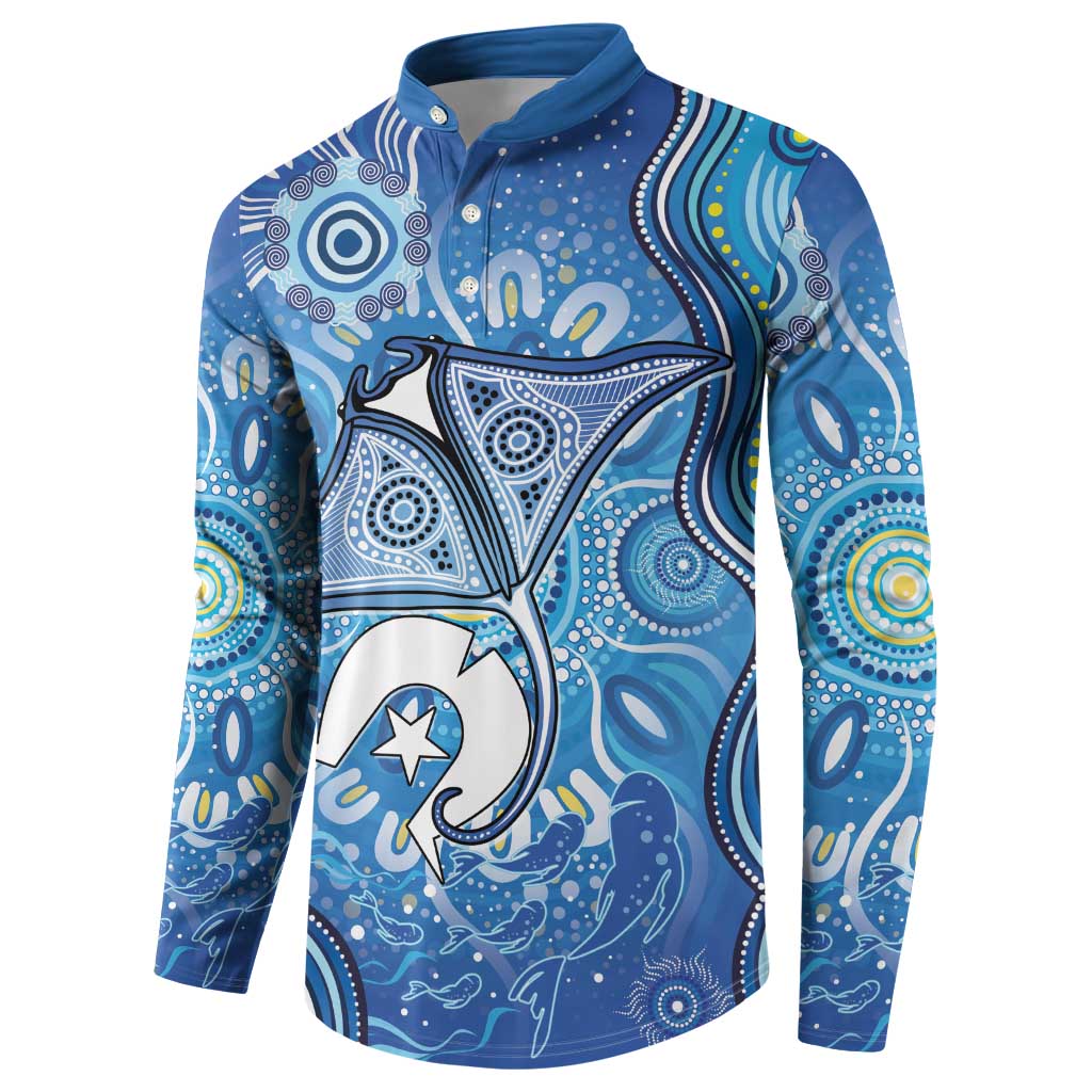 Torres Strait Islander Dhari Stingray Button Sweatshirt Aboriginal Dot Art Blue Pastel Style