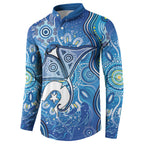 Torres Strait Islander Dhari Stingray Button Sweatshirt Aboriginal Dot Art Blue Pastel Style