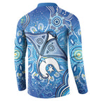 Torres Strait Islander Dhari Stingray Button Sweatshirt Aboriginal Dot Art Blue Pastel Style