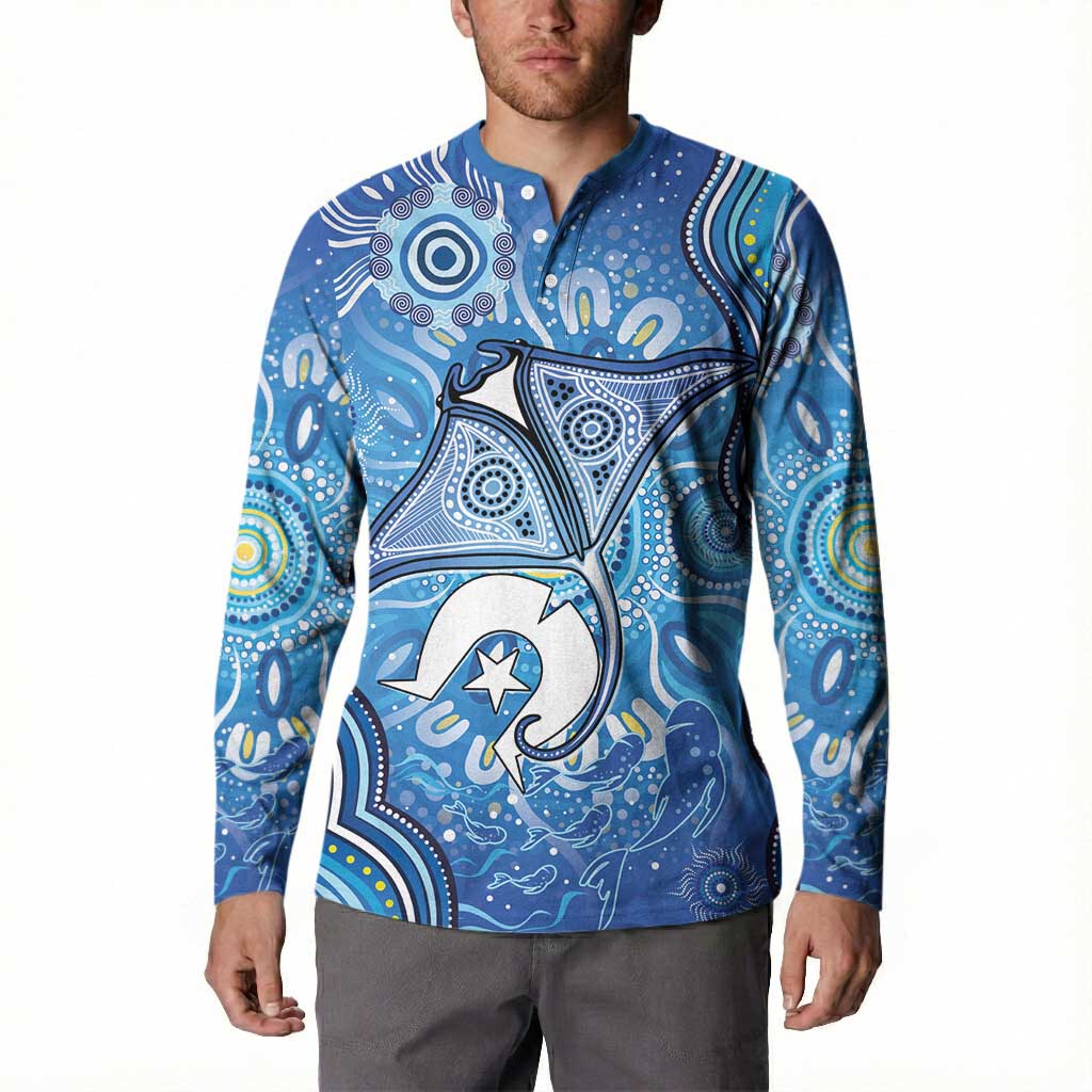 Torres Strait Islander Dhari Stingray Button Sweatshirt Aboriginal Dot Art Blue Pastel Style