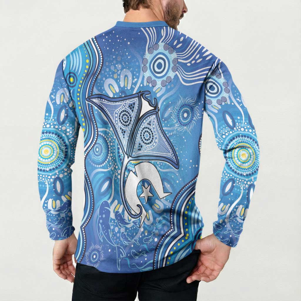Torres Strait Islander Dhari Stingray Button Sweatshirt Aboriginal Dot Art Blue Pastel Style