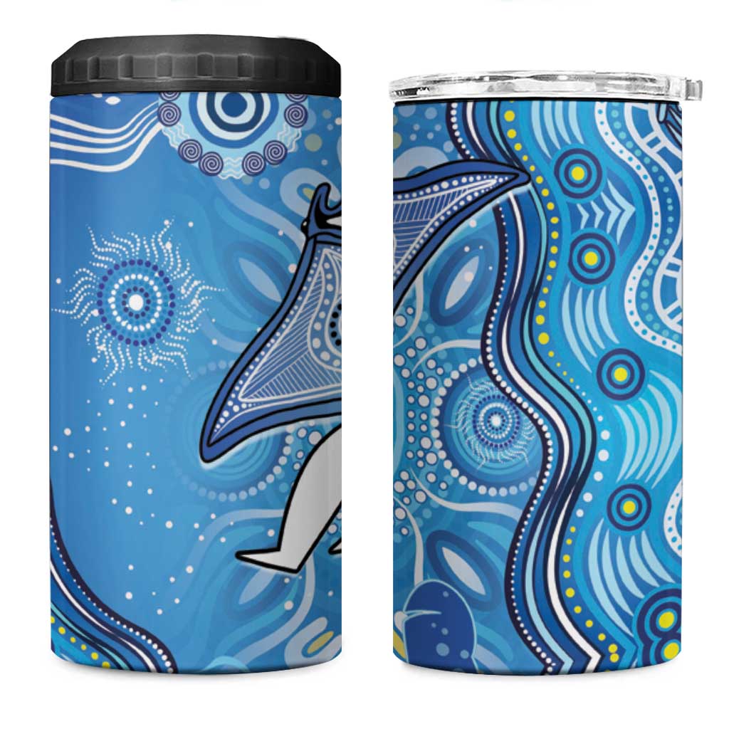 Torres Strait Islander Dhari Stingray 4 in 1 Can Cooler Tumbler Aboriginal Dot Art Blue Pastel Style