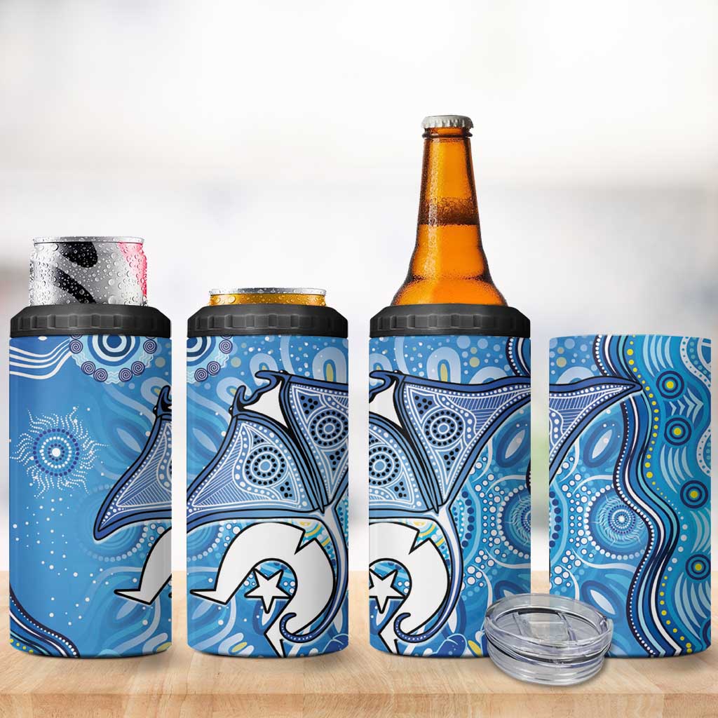 Torres Strait Islander Dhari Stingray 4 in 1 Can Cooler Tumbler Aboriginal Dot Art Blue Pastel Style