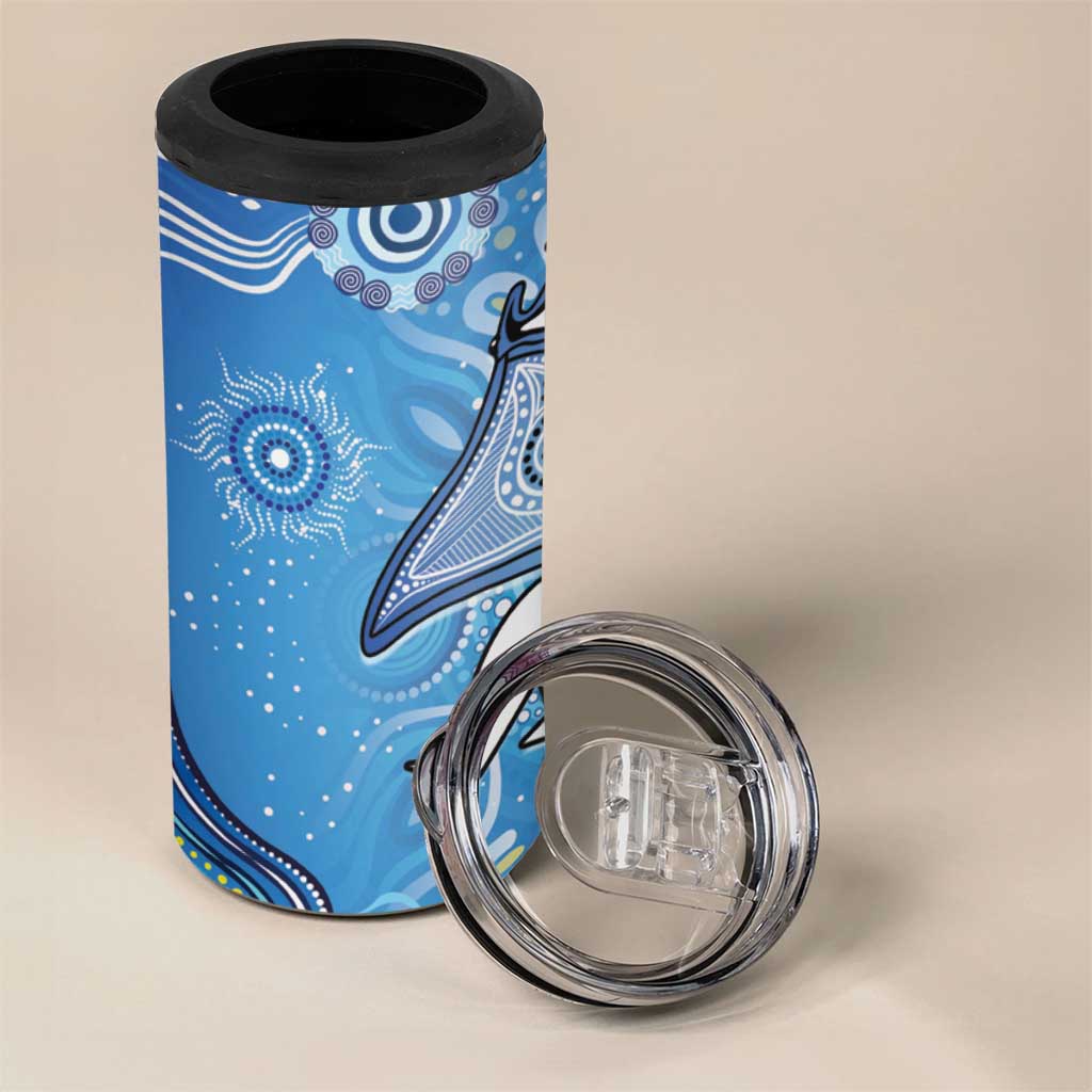 Torres Strait Islander Dhari Stingray 4 in 1 Can Cooler Tumbler Aboriginal Dot Art Blue Pastel Style