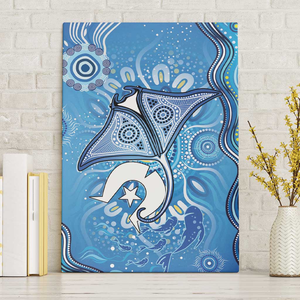 Torres Strait Islander Dhari Stingray Canvas Wall Art Aboriginal Dot Art Blue Pastel Style