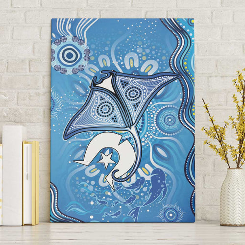 Torres Strait Islander Dhari Stingray Canvas Wall Art Aboriginal Dot Art Blue Pastel Style