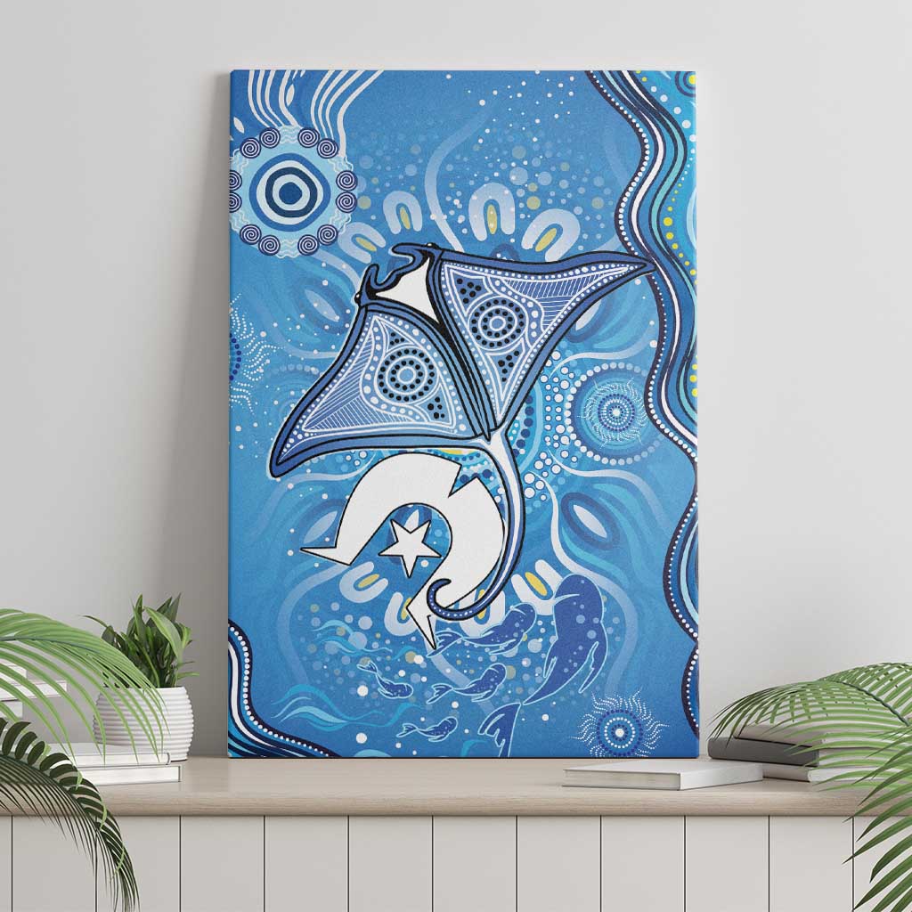 Torres Strait Islander Dhari Stingray Canvas Wall Art Aboriginal Dot Art Blue Pastel Style
