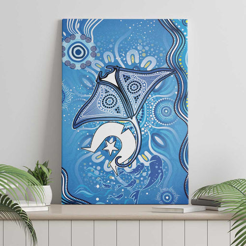 Torres Strait Islander Dhari Stingray Canvas Wall Art Aboriginal Dot Art Blue Pastel Style