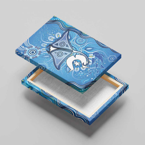 Torres Strait Islander Dhari Stingray Canvas Wall Art Aboriginal Dot Art Blue Pastel Style