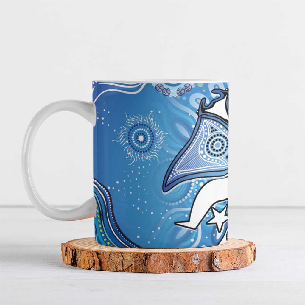 Torres Strait Islander Dhari Stingray Ceramic Mug Aboriginal Dot Art Blue Pastel Style