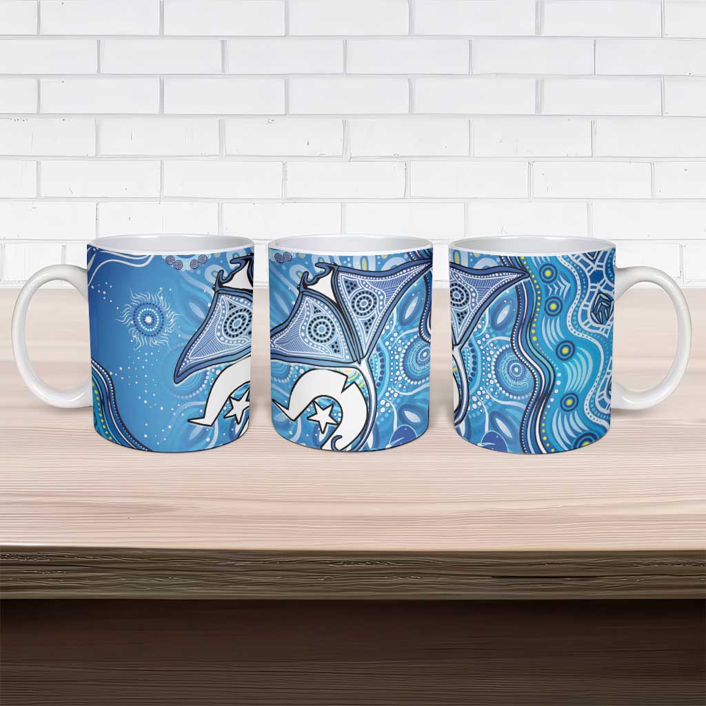 Torres Strait Islander Dhari Stingray Ceramic Mug Aboriginal Dot Art Blue Pastel Style