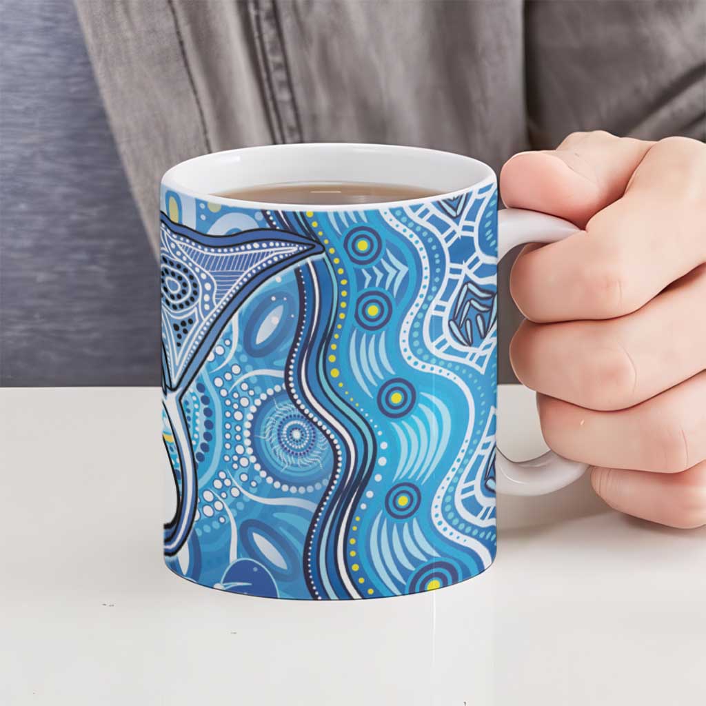Torres Strait Islander Dhari Stingray Ceramic Mug Aboriginal Dot Art Blue Pastel Style