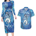 Torres Strait Islander Dhari Stingray Couples Matching Long Sleeve Bodycon Dress and Hawaiian Shirt Aboriginal Dot Art Blue Pastel Style