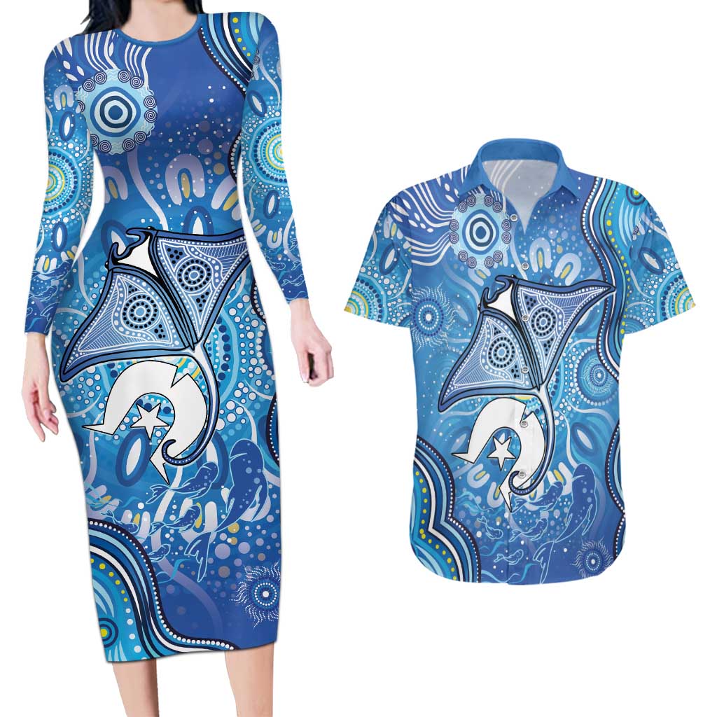 Torres Strait Islander Dhari Stingray Couples Matching Long Sleeve Bodycon Dress and Hawaiian Shirt Aboriginal Dot Art Blue Pastel Style