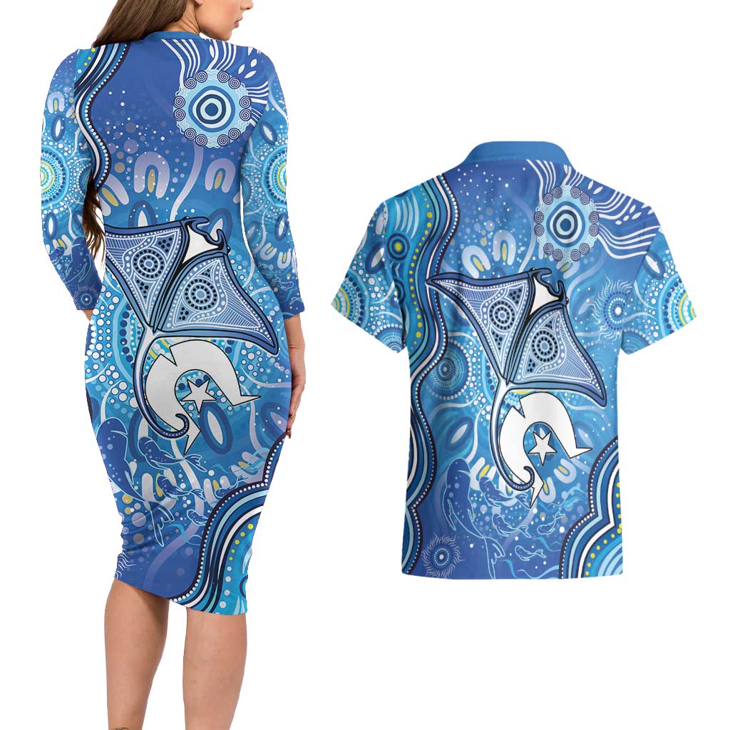 Torres Strait Islander Dhari Stingray Couples Matching Long Sleeve Bodycon Dress and Hawaiian Shirt Aboriginal Dot Art Blue Pastel Style