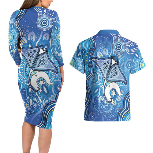 Torres Strait Islander Dhari Stingray Couples Matching Long Sleeve Bodycon Dress and Hawaiian Shirt Aboriginal Dot Art Blue Pastel Style