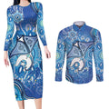 Torres Strait Islander Dhari Stingray Couples Matching Long Sleeve Bodycon Dress and Long Sleeve Button Shirt Aboriginal Dot Art Blue Pastel Style